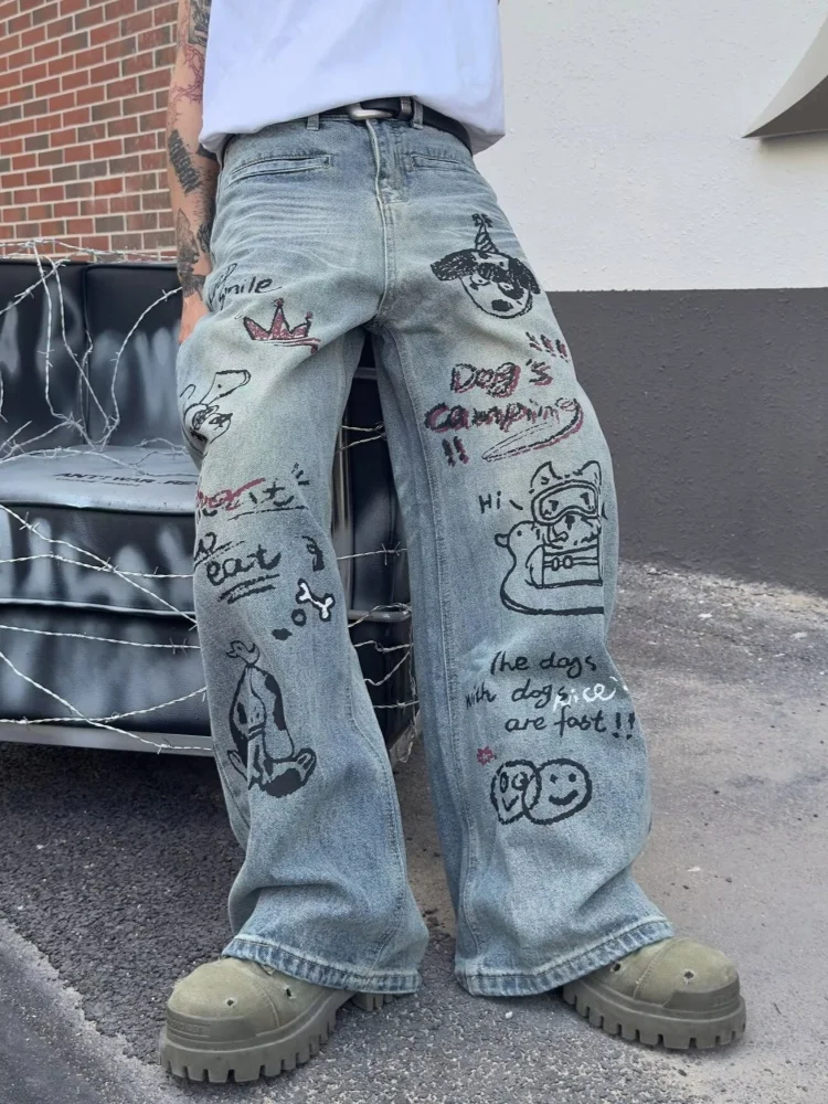 2026 Cyber Y2K Streetwear Graffiti Printed Baggy Jeans Pants For Men Clothing Straight Vintage Denim Trousers Pantalon Hombre
