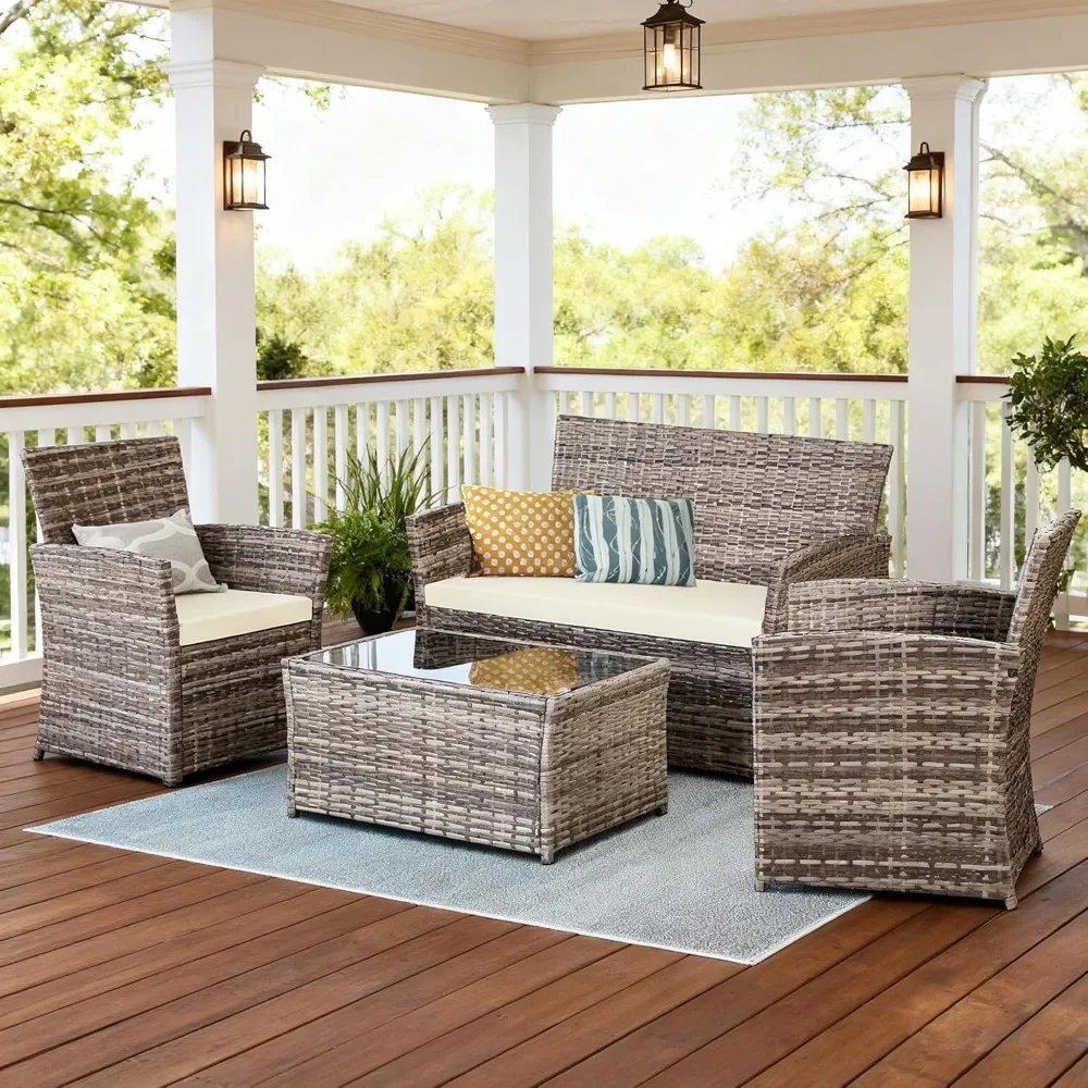 

4 Piece Patio Furniture Set, Outdoor Wicker Conversation Set, Rattan Sectional Sofa Couch with Glass Coffee Table &Thick Cushion