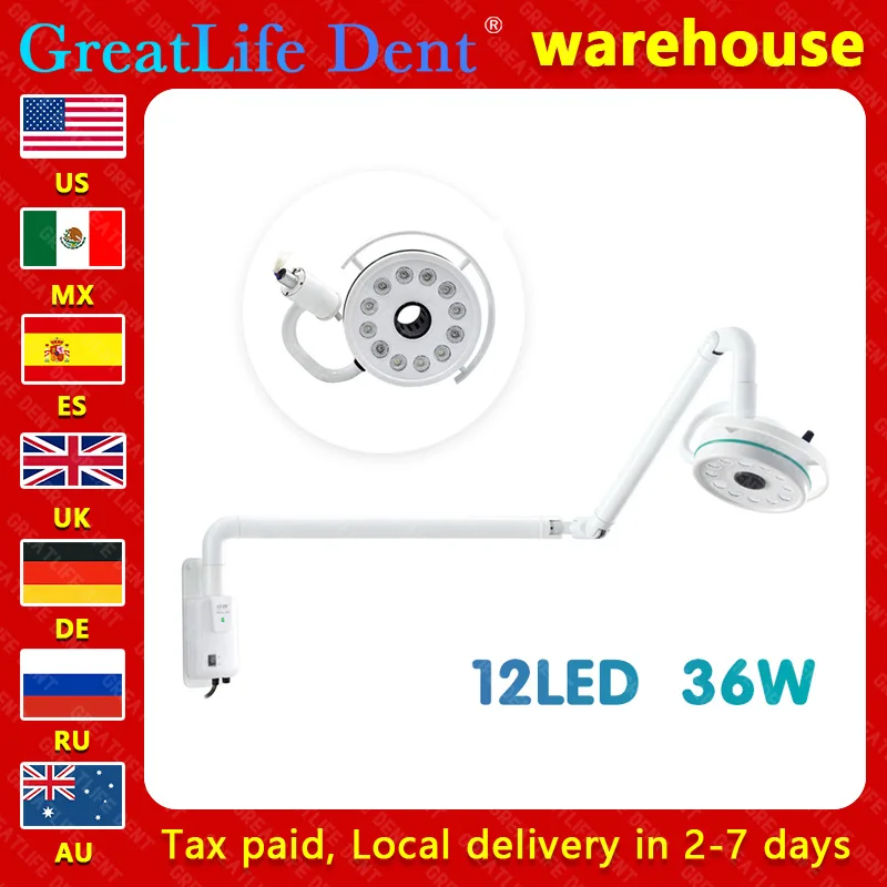 GreatLife lampu operasi gigi Led, 36w 12 bohlam lampu hewan peliharaan dokter gigi bedah tanpa bayangan pemeriksaan medis langit-langit terpasang di dinding