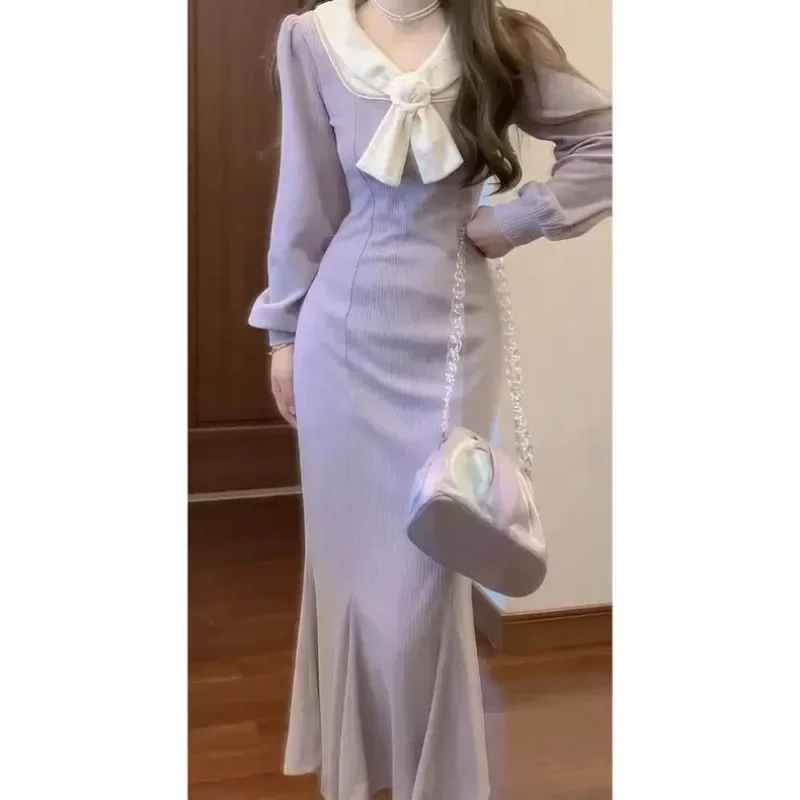 Purple Dress French Gentle Style Elegant Bow Tail Women Clothing Dress Autumn and Winter High-endlong Dress Vintage Bodycon