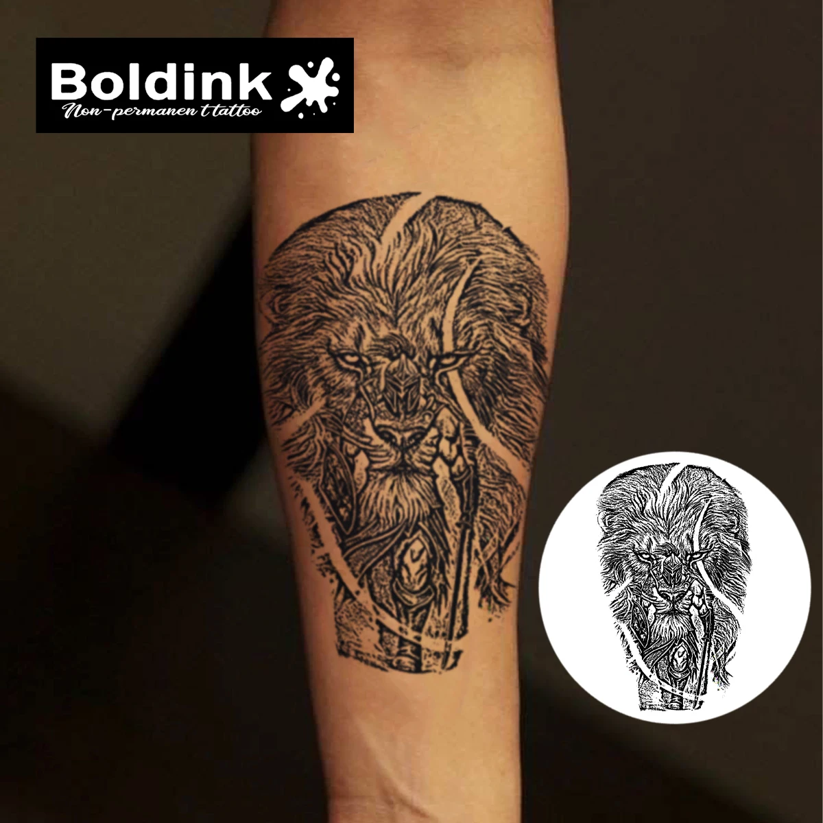 BOLDINK Lion Warrior Fusion Tattoo Sticker Realistic 3D Lion Mane Design Waterproof Long-Lasting Color Retention Body Art Decal