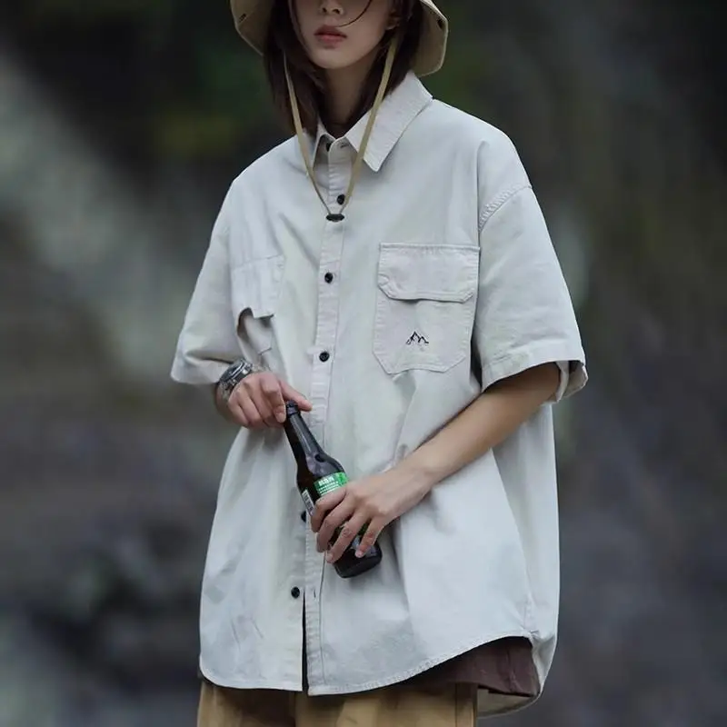 Loose Casual Short Sleeve Shirt Men's Summer Workwear Five-Button Pocket Shirt Japanese Style Functional Irregular Pocket view 2