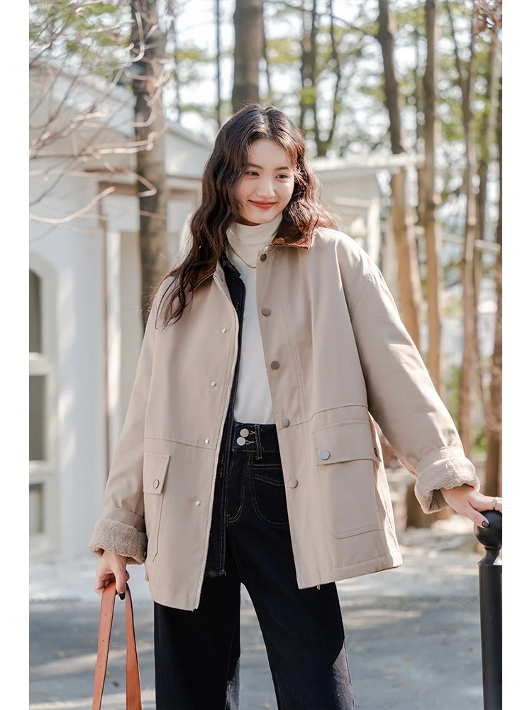 

Thiened Fce Lined ort Workwear Jaet Women's Winter Coat Barn Sle Loose Fit Cotton Long Sve Button Zipper ket