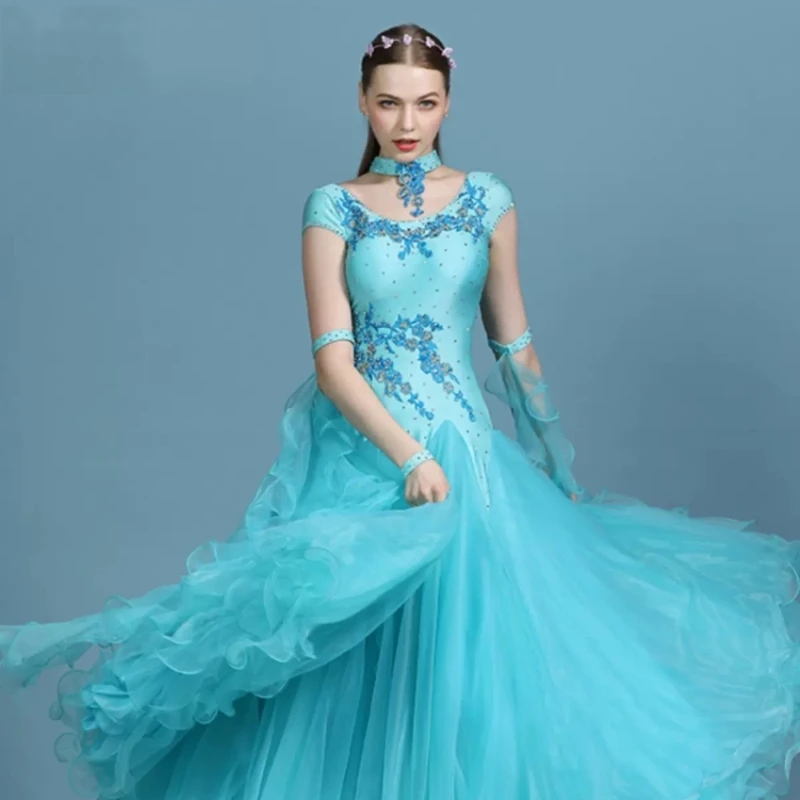 

Waltz Competition Ballroom Dress Standard Mordern Dance Performance Stage Costume Women Evening Gowns Short Sleeves Rhinestones