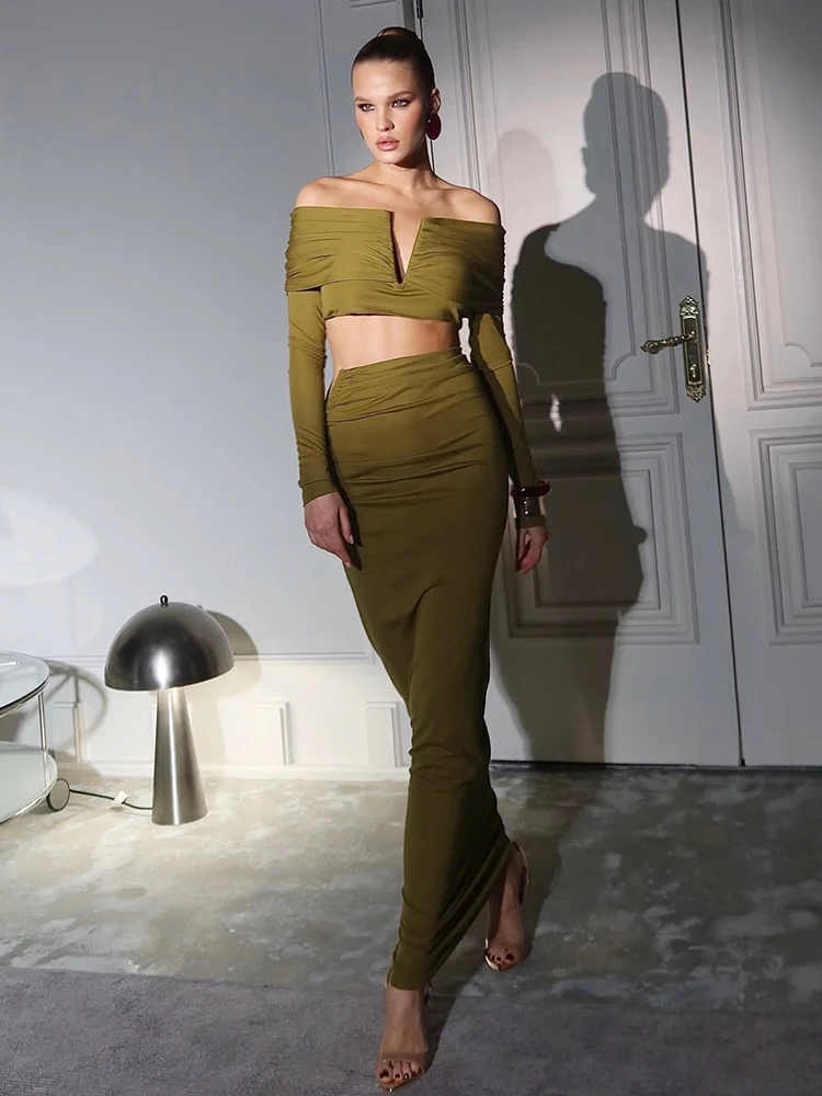 클리우 캐주얼 엘레강스 투피스 세트 여성 V넥 메탈 슬래시넥 긴팔 크롭탑+엘라스틱 웨이스트 롱 스커트 심플 베이직 슈트