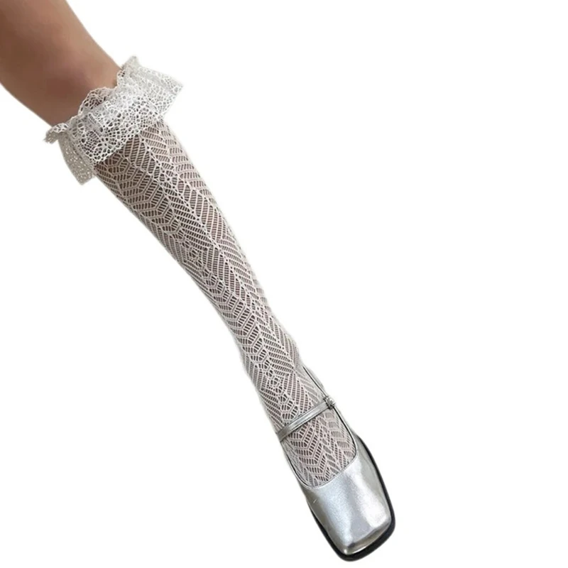 Women Fishnet Thigh High Stockings Sweet Hollowed Geometric Mesh Net Frilly Over Knee Long Sock with Ruffle Lace Trim