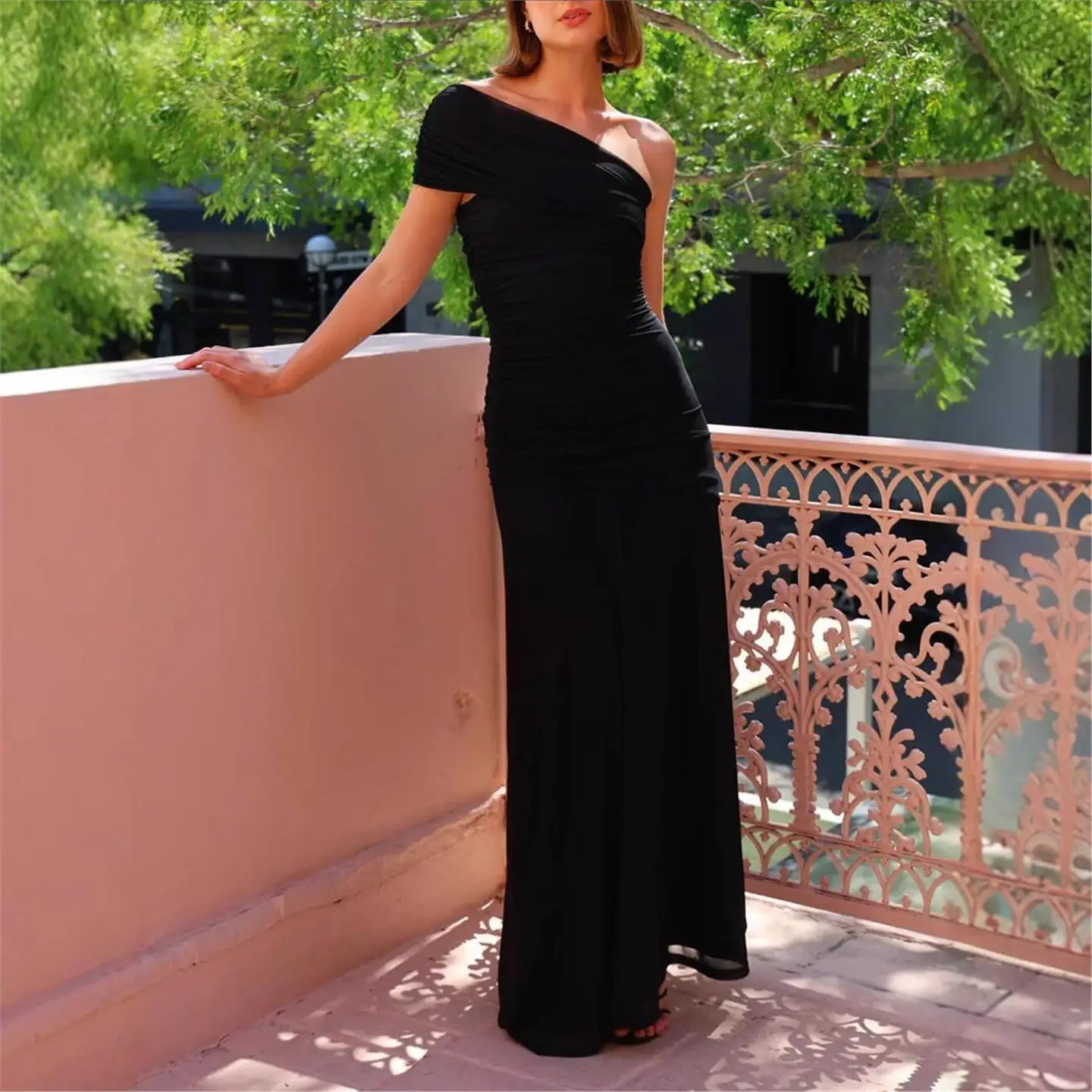 Ele Pure Color Colletto asimmetrico Top a tubo Aderente Dr Abbigliamento transfrontaliero Faionable da donna Gonna a trapezio a vita media