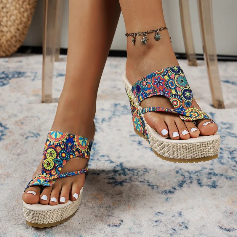 Summer Fashion Printed Design Wedge Women's Sandals New Hollow Toe Thong Comfortable Casual Women Sandalias De Mujer Verano 2026