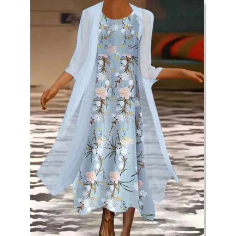 

Women's Elegant Loose Waist Printed Cardigan & Dress Set Temperament Commuting Spring New Female Fashion Straight Dresses Sets