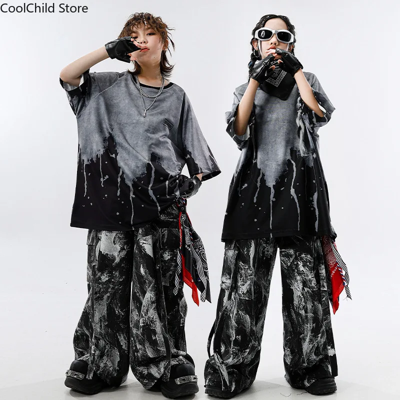 Hip Hop Boys Cool Contrast T-shirt Tie Dye Cargo Pants Girls Street Dance K-pop Costumes Child Streetwear Kids Jazz Clothes Sets