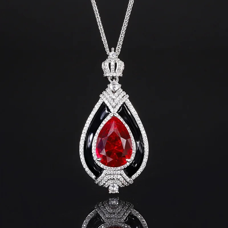 S925 Silver Plated 18K Gold Plated PT950 Platinum Red Corundum Retro Water Drop Personalized Pendant for Women 13*18