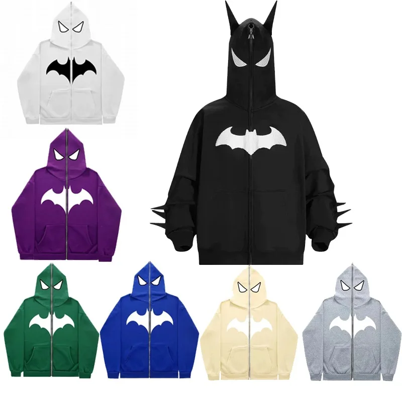 Y2K zip up hoodie Hip hop Streetwear Embroidery Bat anime hoodie Harajuku Men women Fashion Vintage Rock oversized sweatshirt