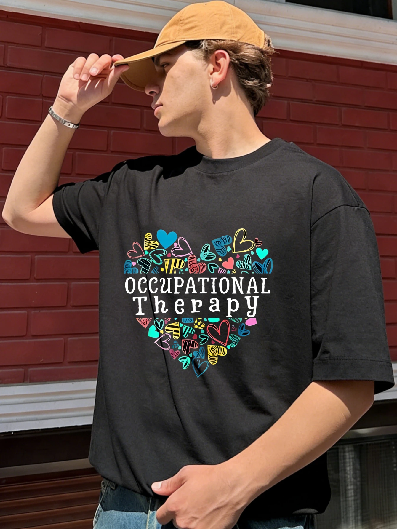 

Mens Cotton Occupational Therapy Heart Graphic Printed Oversized Short Sleeve Tshirt for Men - Casual Summer Gift