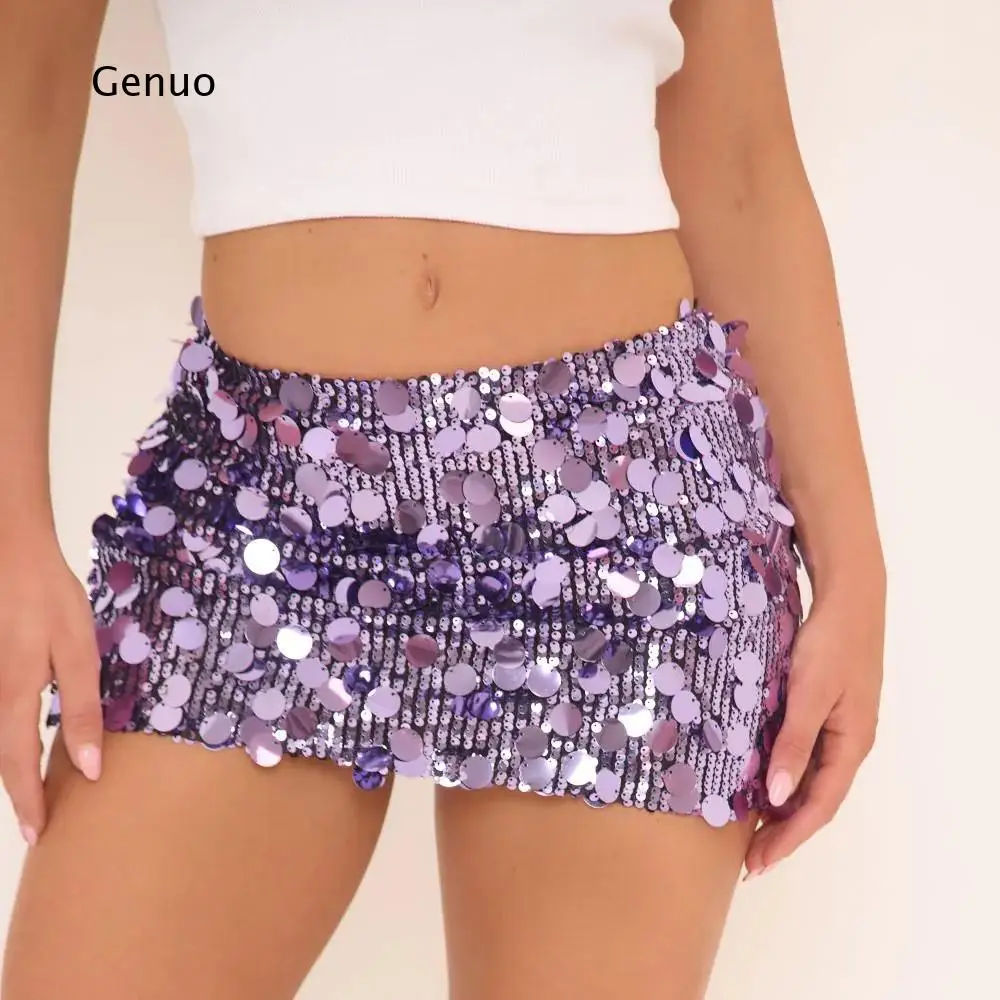 2026 Women Sparkly Bodycon Mini Skirt High Waist Slim Fit Shiny Short Skirt Summer Party Clubwear