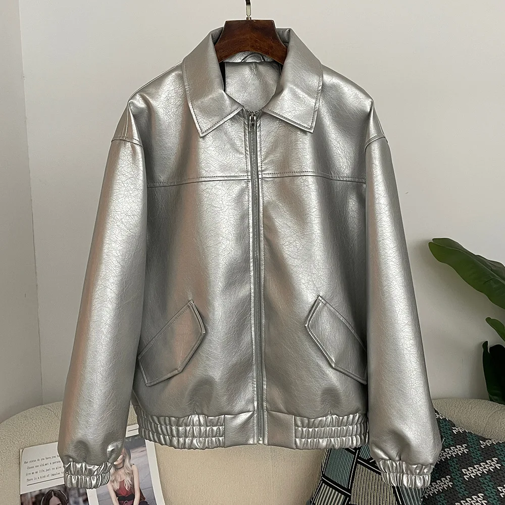 Spring and Autumn 2025 new zipper high-quality leather baseball jacket, fashionable PU loose jacket for women