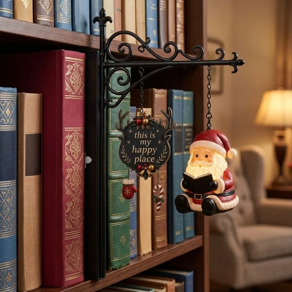 Santa Claus Christmas Bookshelf Lamp Metal Lamp Warm Glow LED Library Lantern Snowman Elk Retro Style Hanging Figurine Light