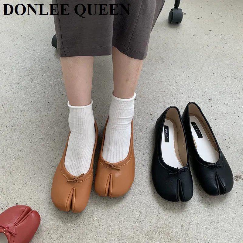 New Split Toe Candy Flats Ballet Shoes Woman Slip On Loafers Soft Sole Moccasins Bow-tie Ballerina Single Tabi Ninja Women Shoes