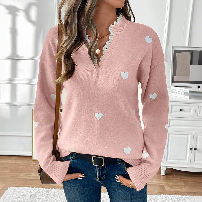 Autumn Winter Women's V-neck Splicing Lace Hoodie Knitted Sweater Women tops woman pull en maille femme свитер женский