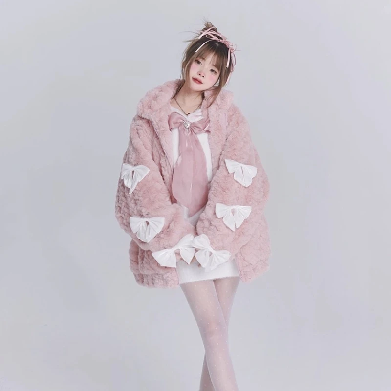 

Sweet and Cute Cotton Jacket Women's Winter Warmth Thickened Design Sense Bow Lolita Fluffy Versatile Lambswool Jacket Female