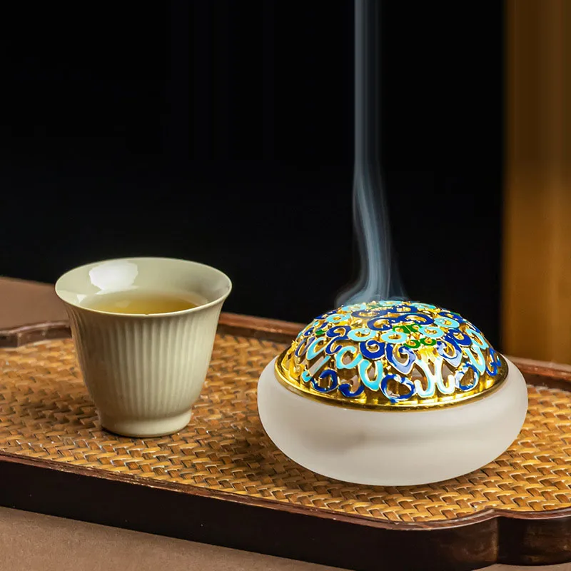 Crystal Incense Burner Enamel Living Room 4 Hours  Coil Incense Censer with Metal Cover Home Decor Ornaments