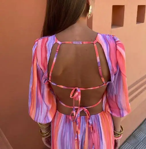 Women's Dress 2025 Women's Summer Latest Hot Selling Round Neck Half Sleeved Backless Strapless Sexy High Waisted Tie Dye Dress