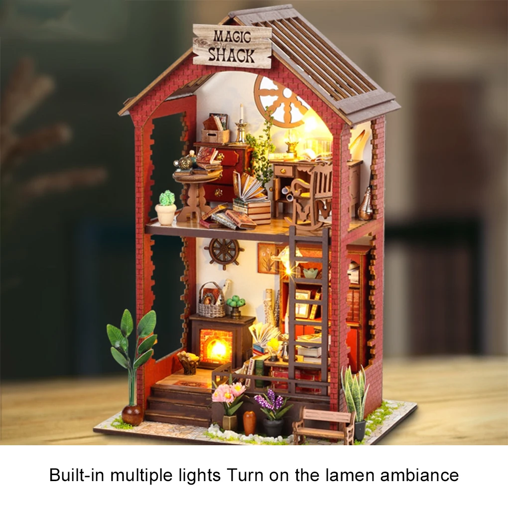 Miniature Doll House Set 3D Puzzle DIY Book Nook Kit Eternal Bookstore Wooden Dollhouse With Light Building Model Birthday Gifts