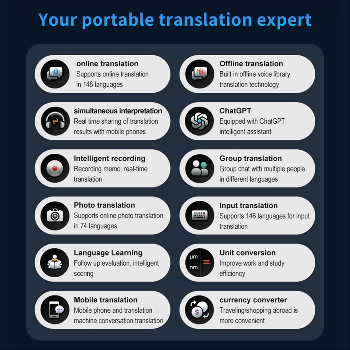 B43C 4G AI Translator Recorder Support 148-Language Real-Time Translation Offline Translation ChatGPT Voice Photo Translator