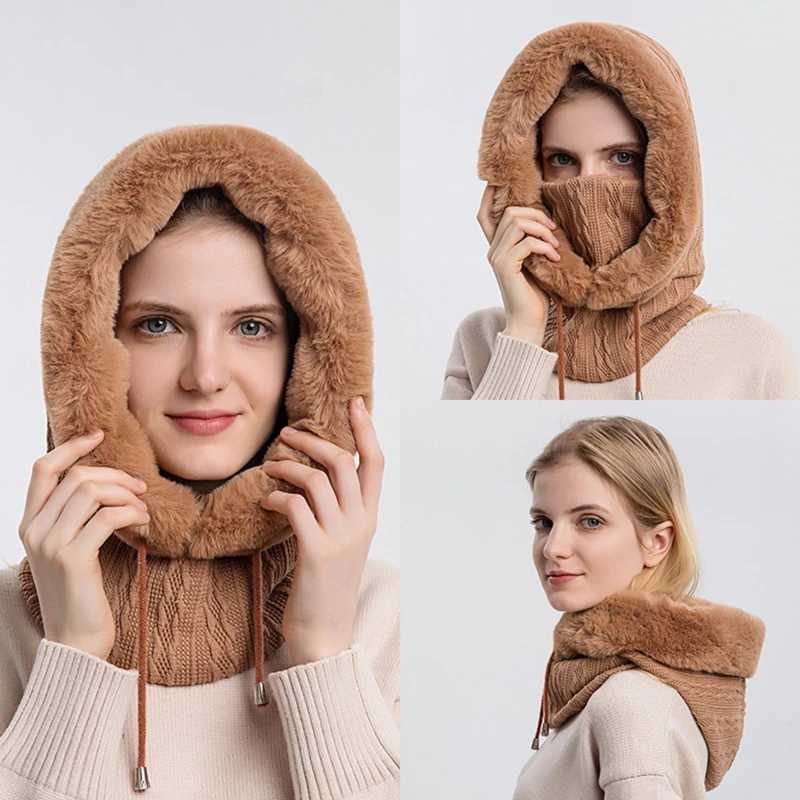 Winter Fur Cap Mask Set Hooded Women Knitted Cashmere Neck Warm Balaclava Ski Windproof Hat Thick Plush Fluffy Beanies Hood