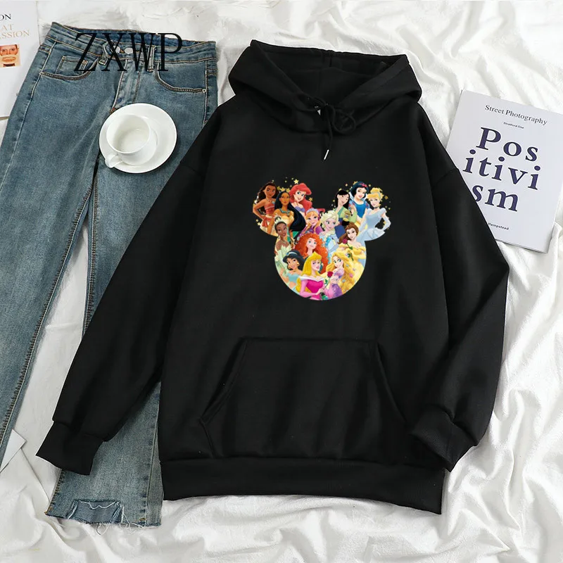 Cartoon Princess Hoodies Women Print Cinderella Sweatshirts Belle Kawaii Mickey Mouse Hoodie Anime Tops Female Clothing