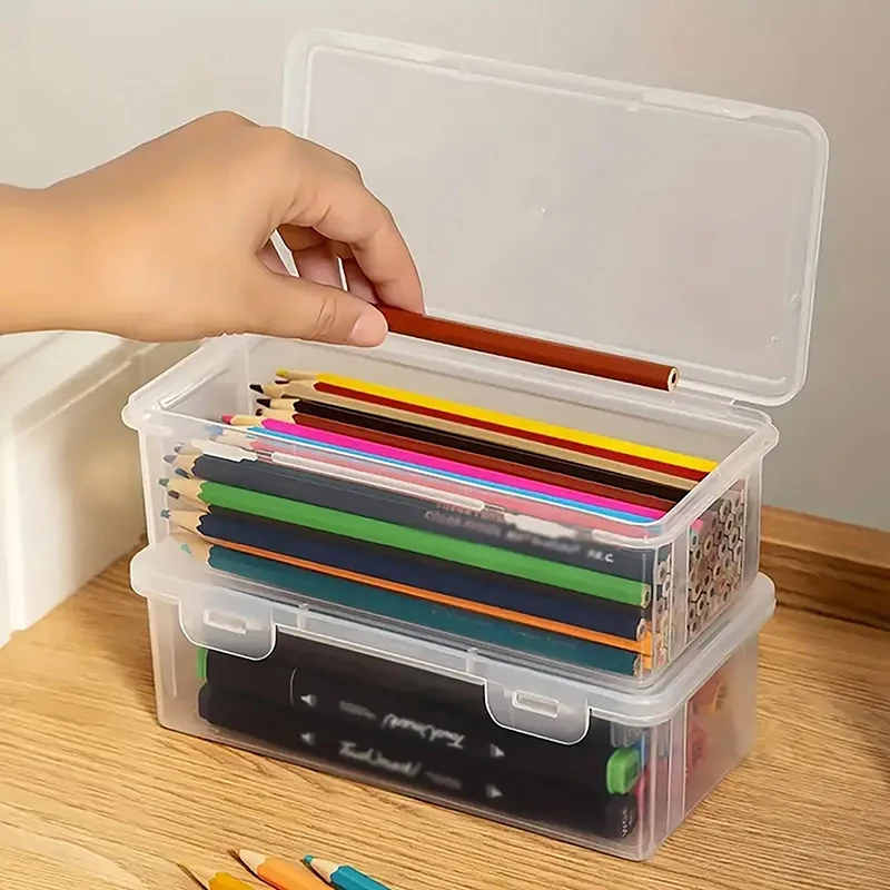 With Buckled Pencil Box Large Capacity Transparent Waterproof Stationery Case Dustproof Plastic Desktop Storage Box Mark Pens
