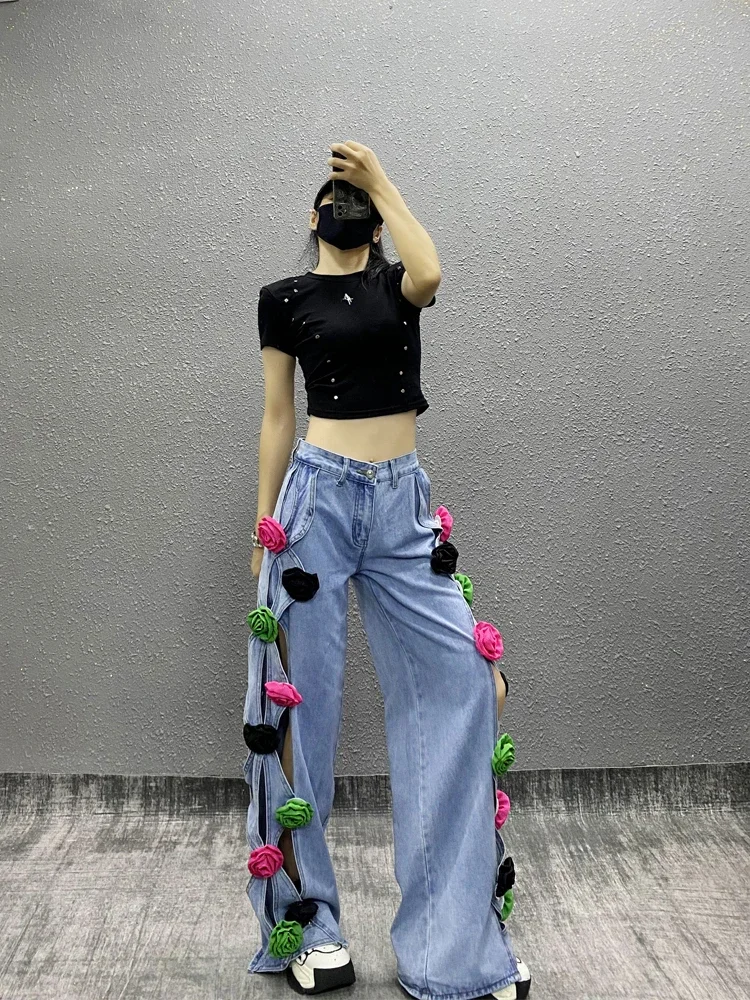 Women Colorful 3D Flowers Hollow Out Jeans Floral Denim Trousers Pockets Straight Wide Legs Cowboy Pants High Waisted Pantalon