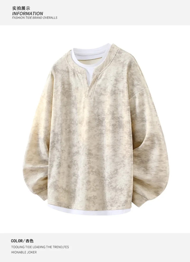 2026 Autumn New Round Neck Fake Two-piece Hoodie Korean Fashion Harajuku Tie Dye Casual Loose Long Sleeved T-shirt Sweatshirt
