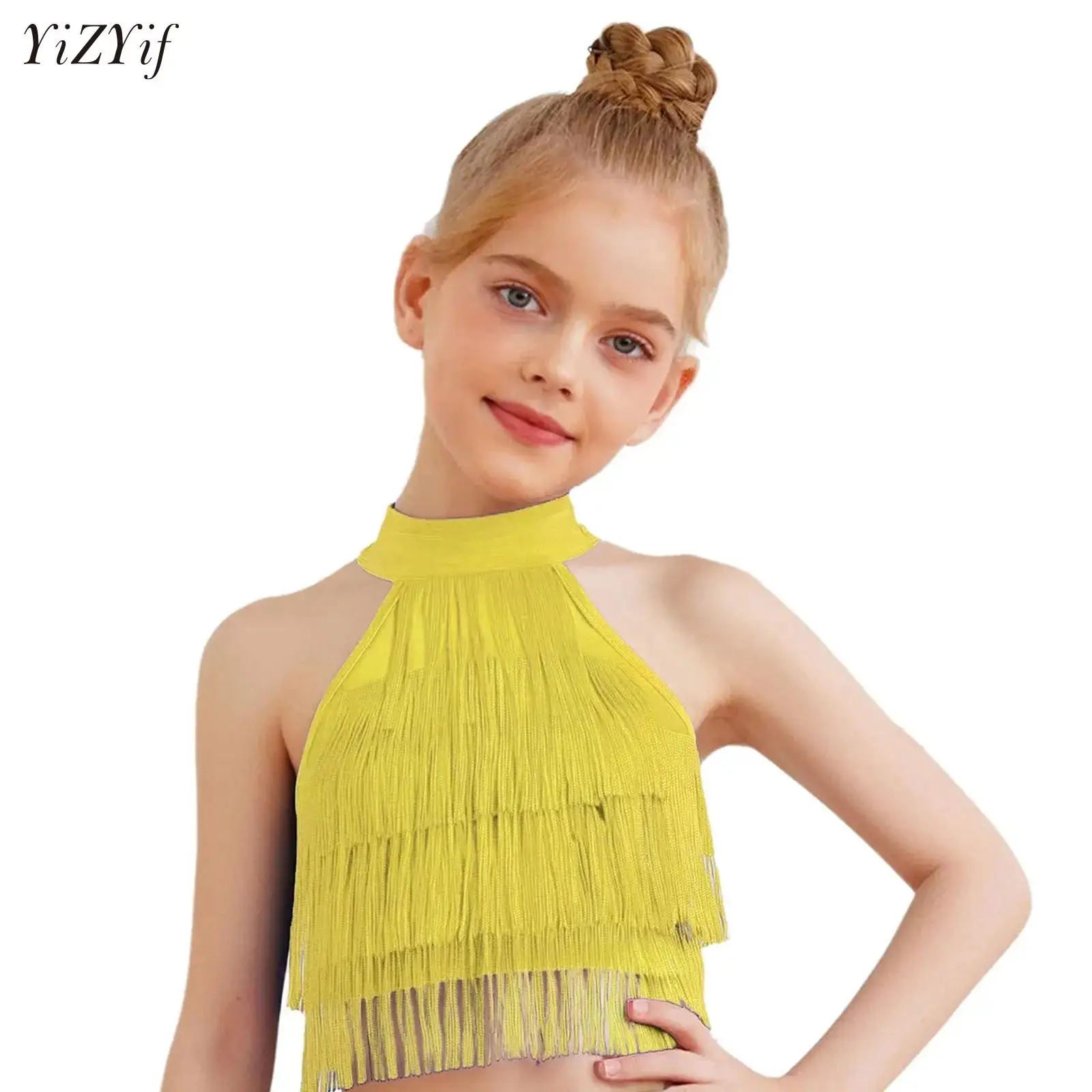 

Girls Tassel Belly Dance Crop Top Samba Fringe Latin Rumba Samba Tango Dancewear Kid Sleeveless Strappy Back Tiered Tassels Vest