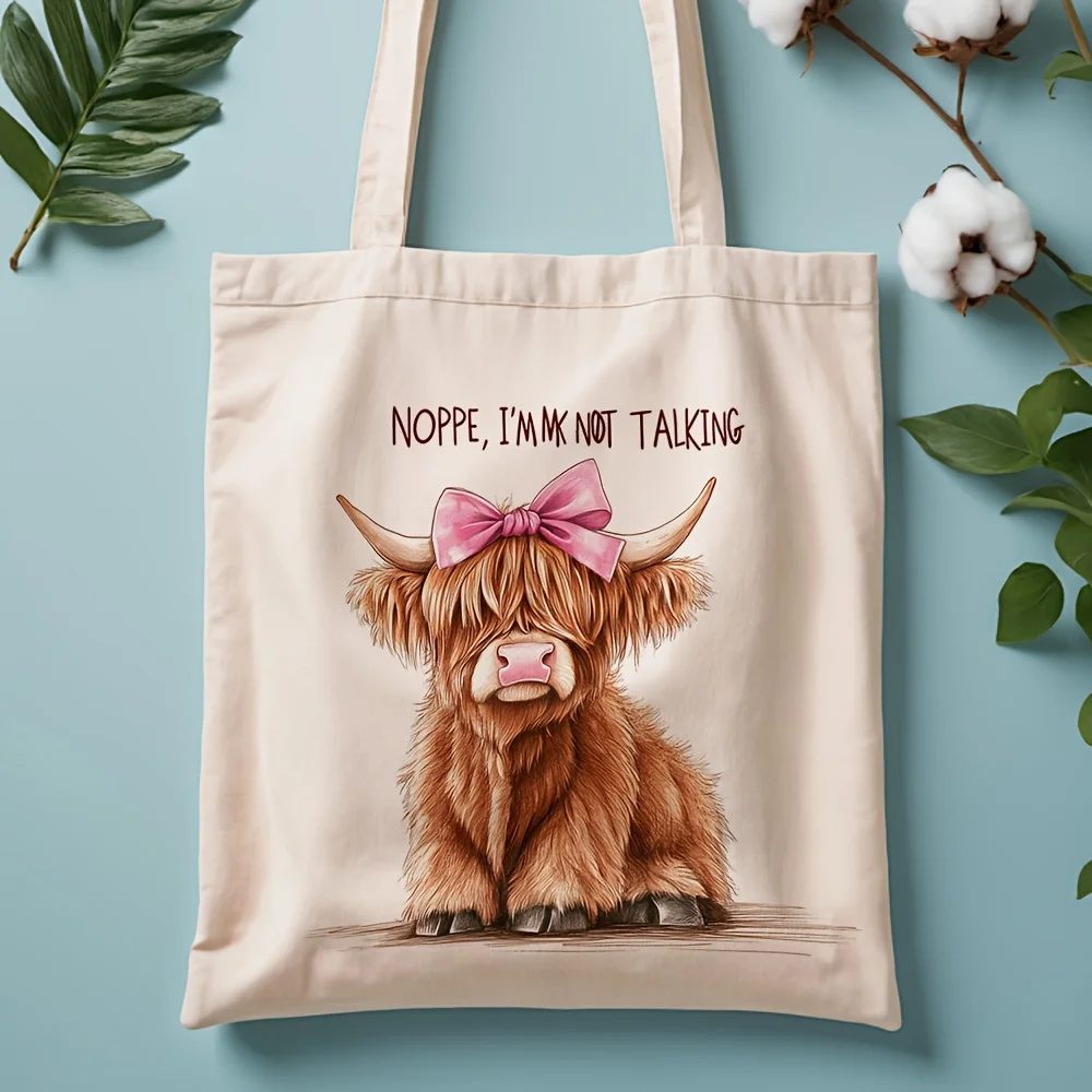 A Highland Cattle Illustration Pattern Print Canvas Tote Bag, Suitable For Daily Use, Shopping, School, And Travel