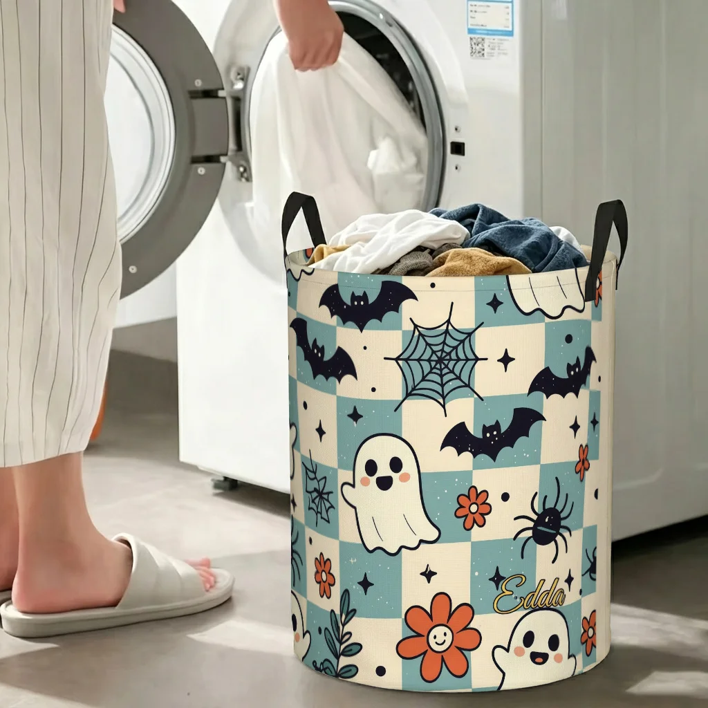 1pc, Halloween Vintage Plaid Print Dirty Laundry Basket, Cute Bat Spider Pattern Storage Bin, Large Capacity Laundry Hamper