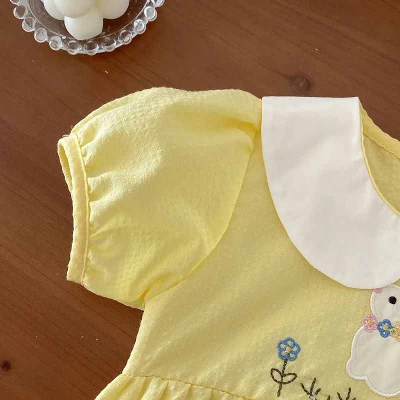 Cute Baby Girl Romper 0-2Years Newborn Princess Short Sleeve Peter Pan Collar Embroidery Rabbit Cotton Bodysuit Summer Clothes