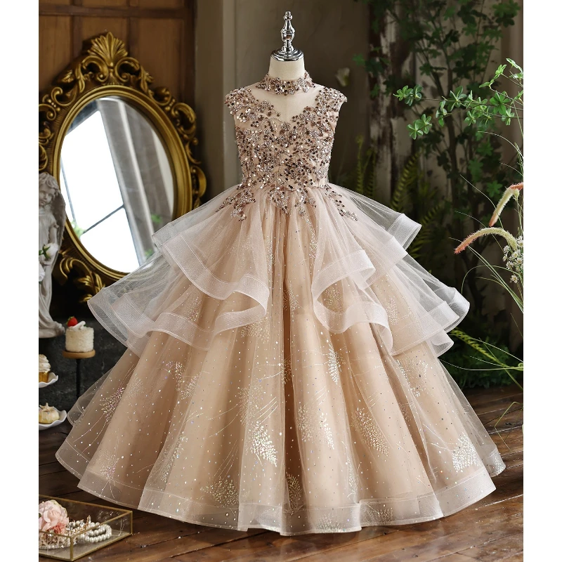 2026 Girls Champagne Sequin Sleeveless Gown Kids Tenth Birthday Party PrincessPiano Performance Dress Fashion Flower Girl Host