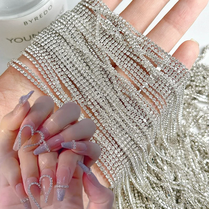 30cm Lange Luxus-Kristallketten-Nagelcharms 1,5/2mm Glänzende Klare/AB Diamant-Perlen Nagelkunst Metall-Stahl Französische Nagel-Maniküre-Teile – Detail 1