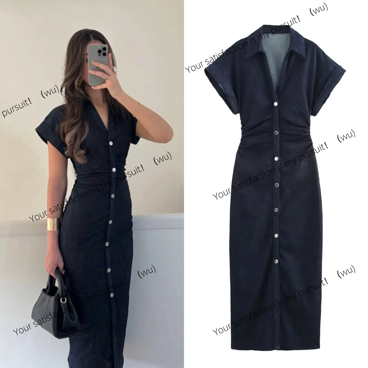 

Dress with lapel side zipper stylish pleated waist elegant slim dress