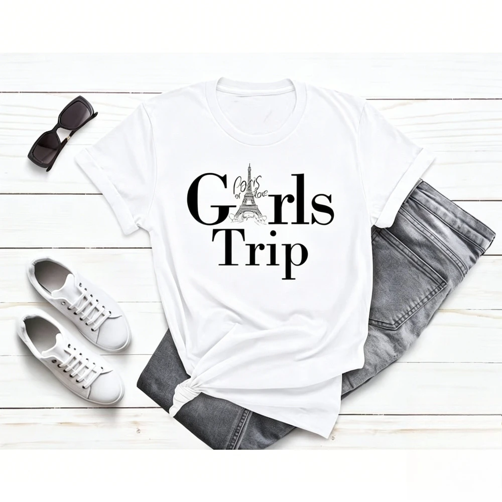 Girls Trip Paris T-Shirt Eiffel Tower Vacation Tee Women Casual Crewneck Cotton Short Sleeve Paris Travel Souvenir Clothing