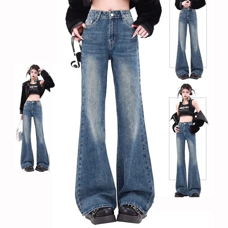 Lady Retro Slim Fit Thin Jeans Hot Sale Women Korean Fashion Straight Leg Denim Pants Girls Solid Color High Waist Trousers