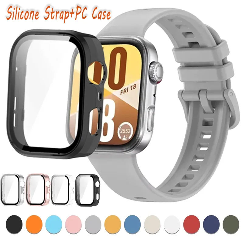 حافظة كمبيوتر + حزام سيليكون لساعة هواوي فيت 4/3 HD من الزجاج المقسى الملون بإبزيم معصمه لساعة هواوي فيت 3/4/4 برو