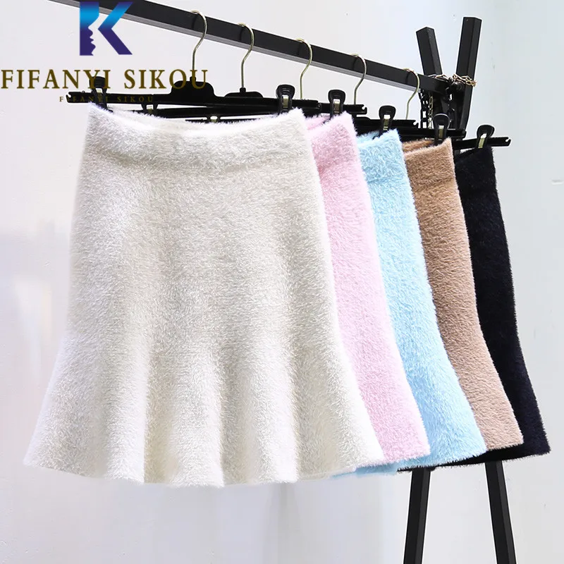 2022 Autumn Winter Women Knitted Skirt Thick Warm Plush Fashion Fold High Waist Mini Skirt Female Solid Color A-Line Skirts