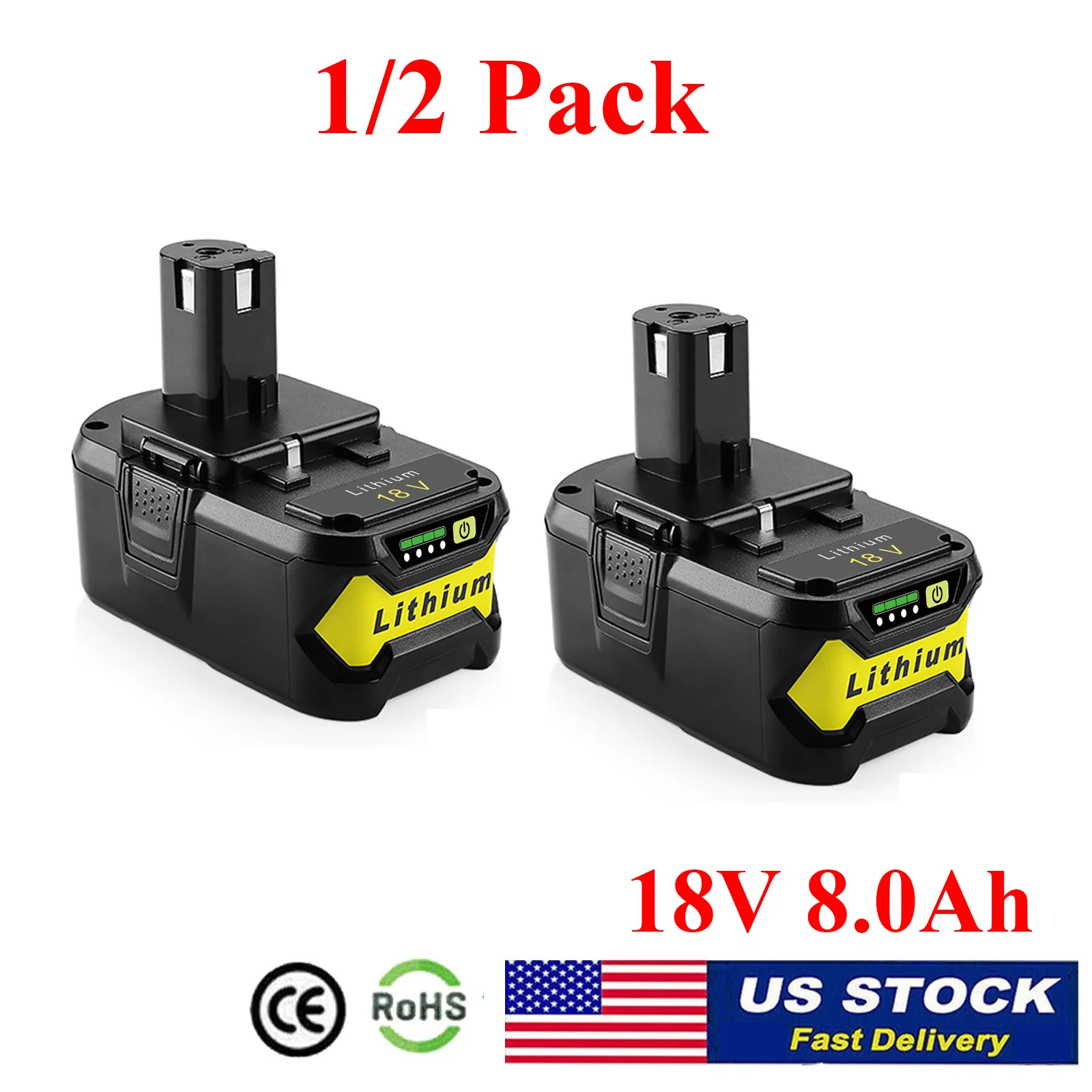 1/2PACK P108 Replacement Battery 8.0Ah 18V High Capacity 8000mAh For Ryobi 18 Volt ONE Plus