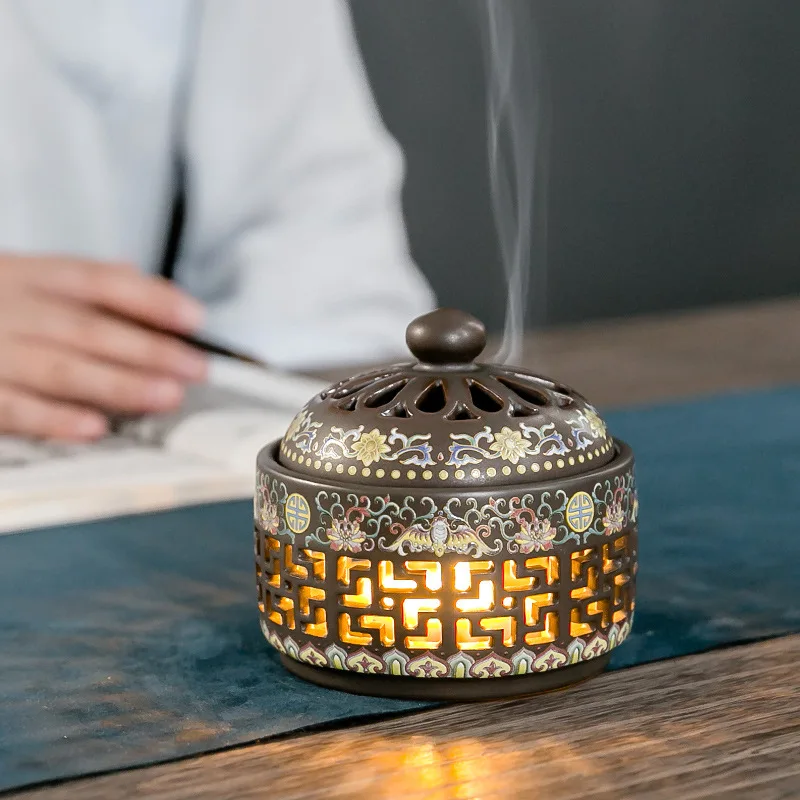 Ceramic enamel color incense burner LED night light creative pan incense sandalwood burner household indoor tea ceremony aromath