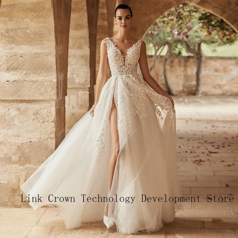 Charming  V Neck Wedding Dresses with Lace Floor Length Beach Soft Tulle Sleeveless Bridal Gowns Robe De Mariée 2025 New Summer