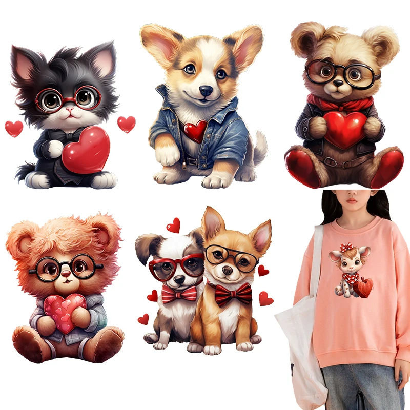 Valentine's Day Animals Patches Iron on transfer for Children clothing dtf transfers ready to press Heat Transfer Printing