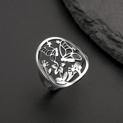 Sipuris Flower Butterfly Hollow Rings For Women Stainless Steel Gold Color Nature Kawaii Cute Ring Jewelry Weddings Gifts