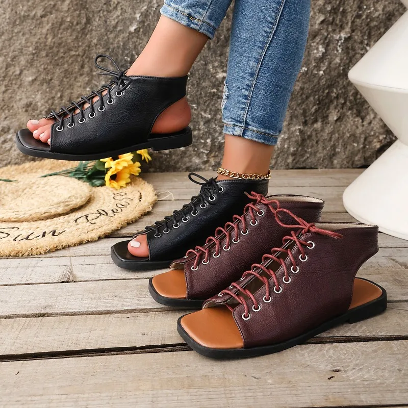 

New Large-size Summer Casual Breathable Lace-up Platform Thick-soled Leather Sandals for Women