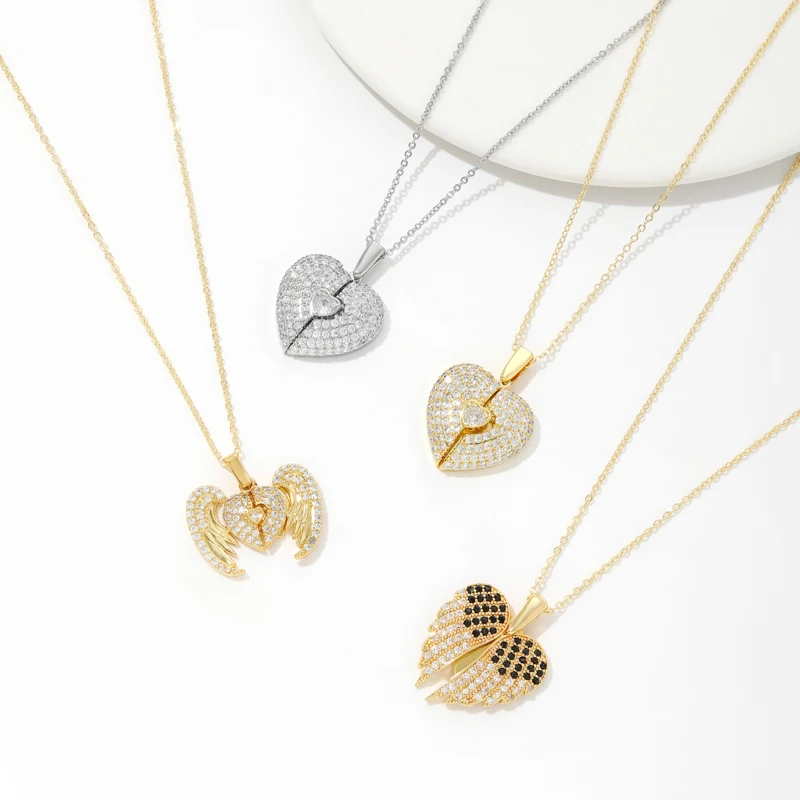 Ciondolo con ciondolo a forma di cuore in ottone placcato oro 18 carati per la creazione di gioielli fai da te, accessori per collane fai da te con ciondolo ad ala in zircone intarsiato